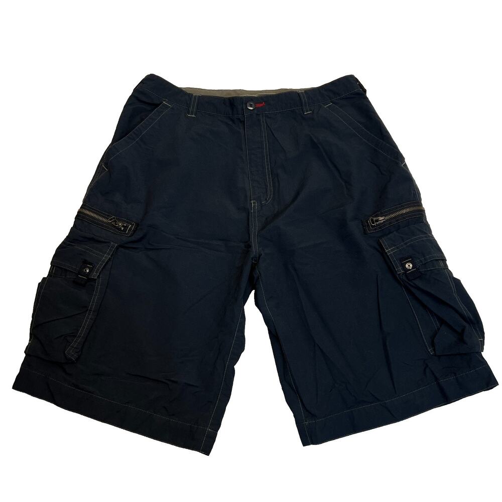 Burnside Men Shorts Cargo 5 Pockets 2 Zipper Pockets Drawstring Navy Blue, Sz 36